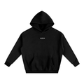 Black hoodie with a small logo on a white background